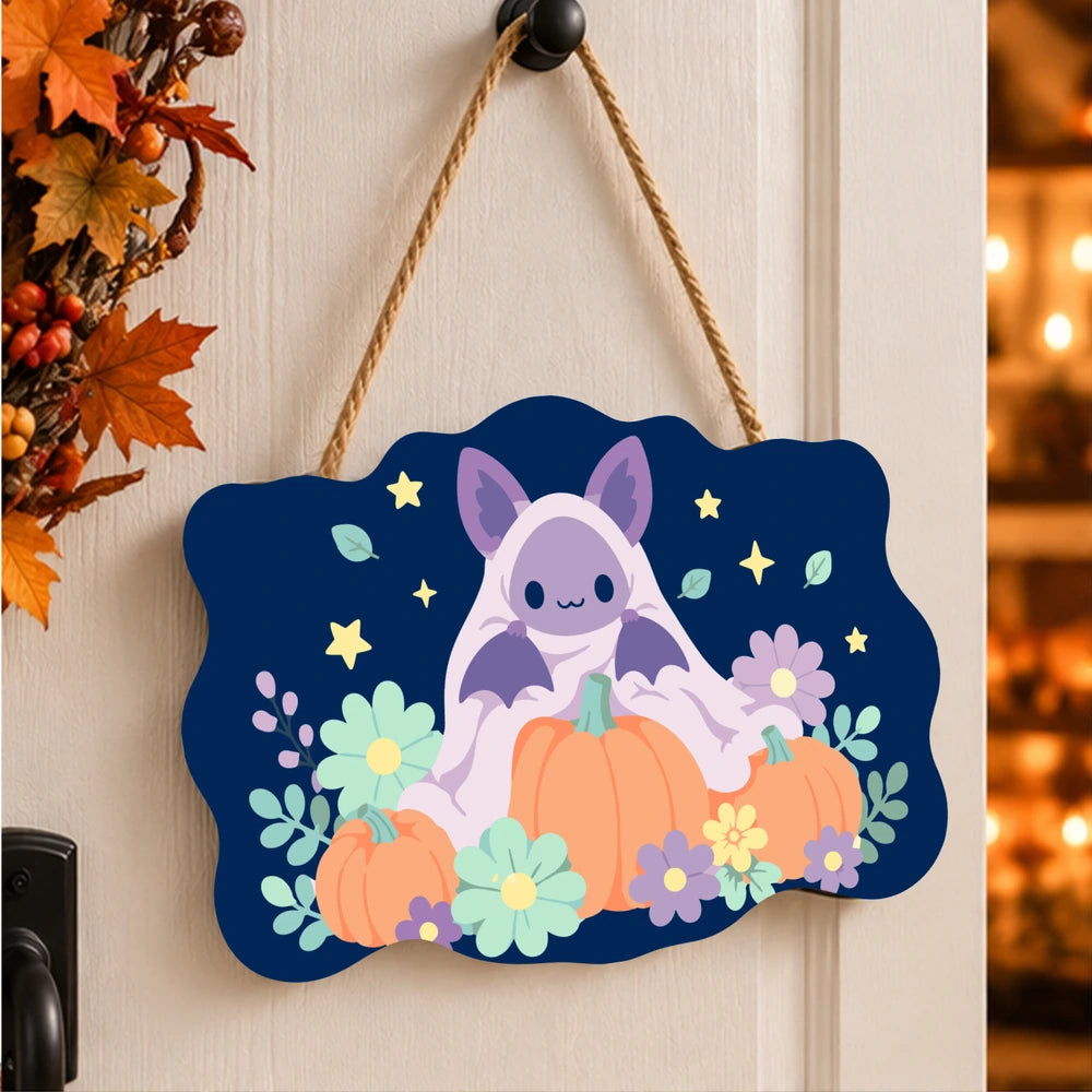 
Paint by Numbers - Wooden Door Hanger | Bat on a Pumpkin with Flowers