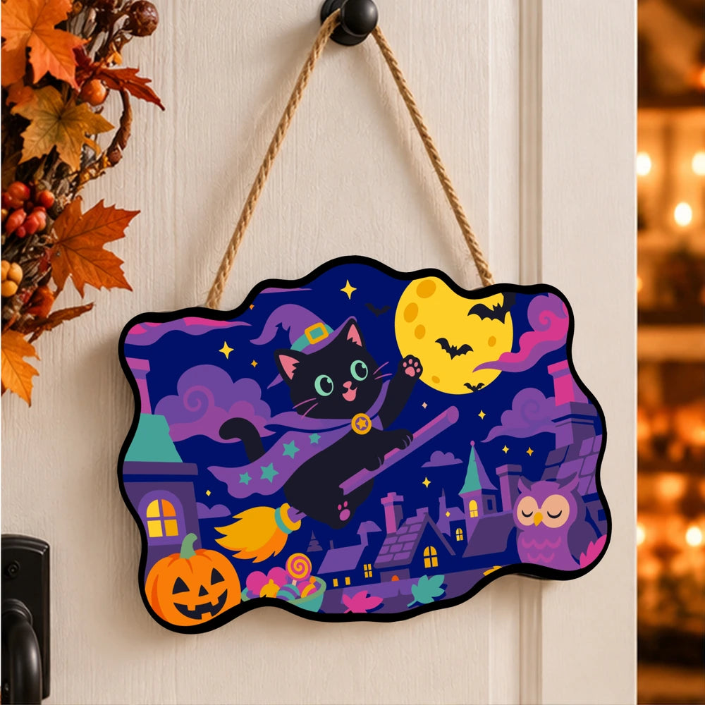 Paint by Numbers - Wooden Door Hanger | Black Cat Witch Flying Over Town