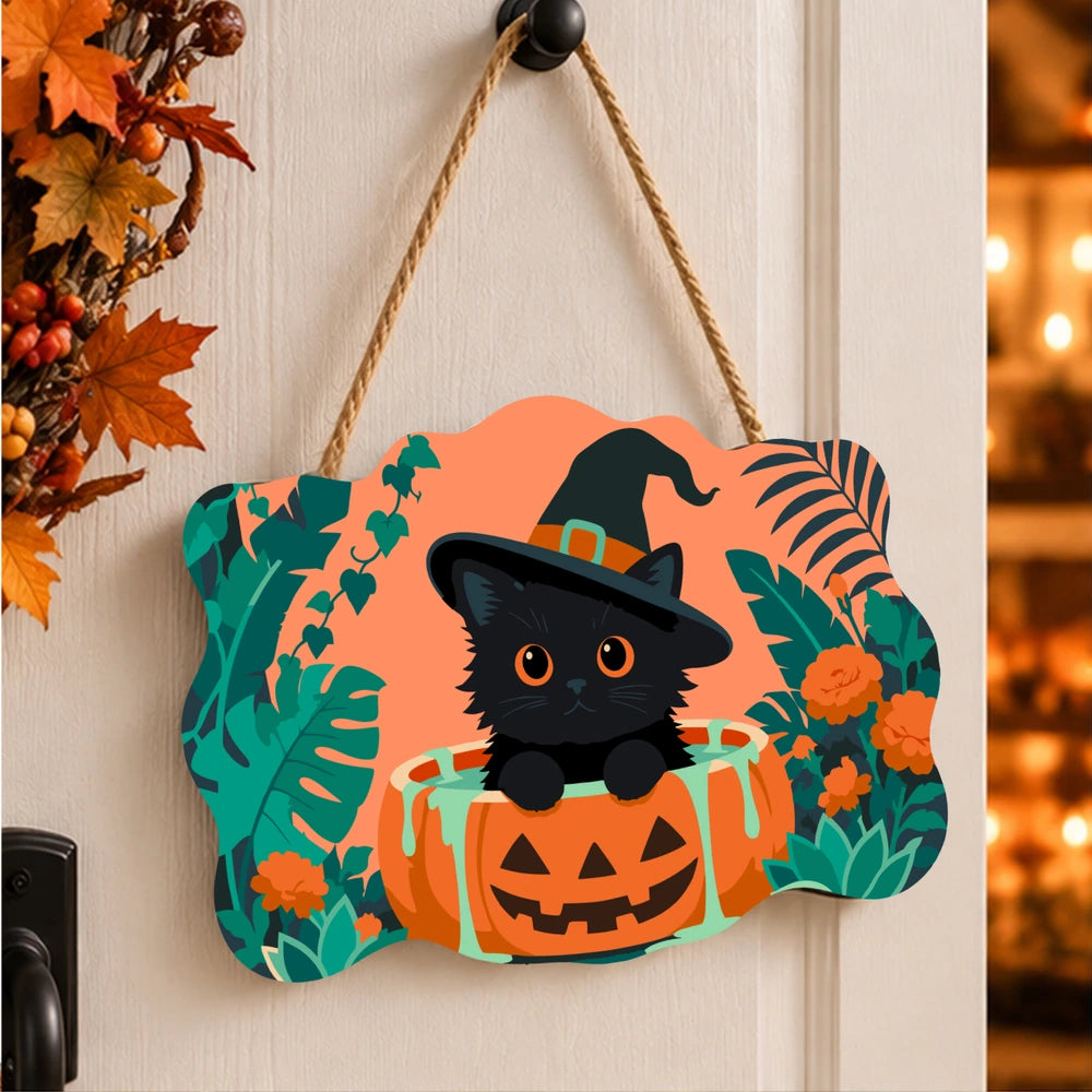 Paint by Numbers - Wooden Door Hanger | Black Cat Witch in a Pumpkin Tub