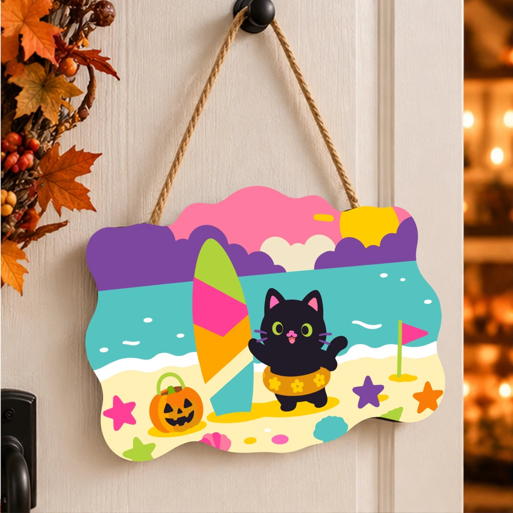 Paint by Numbers - Wooden Door Hanger | Black Cat at the Beach