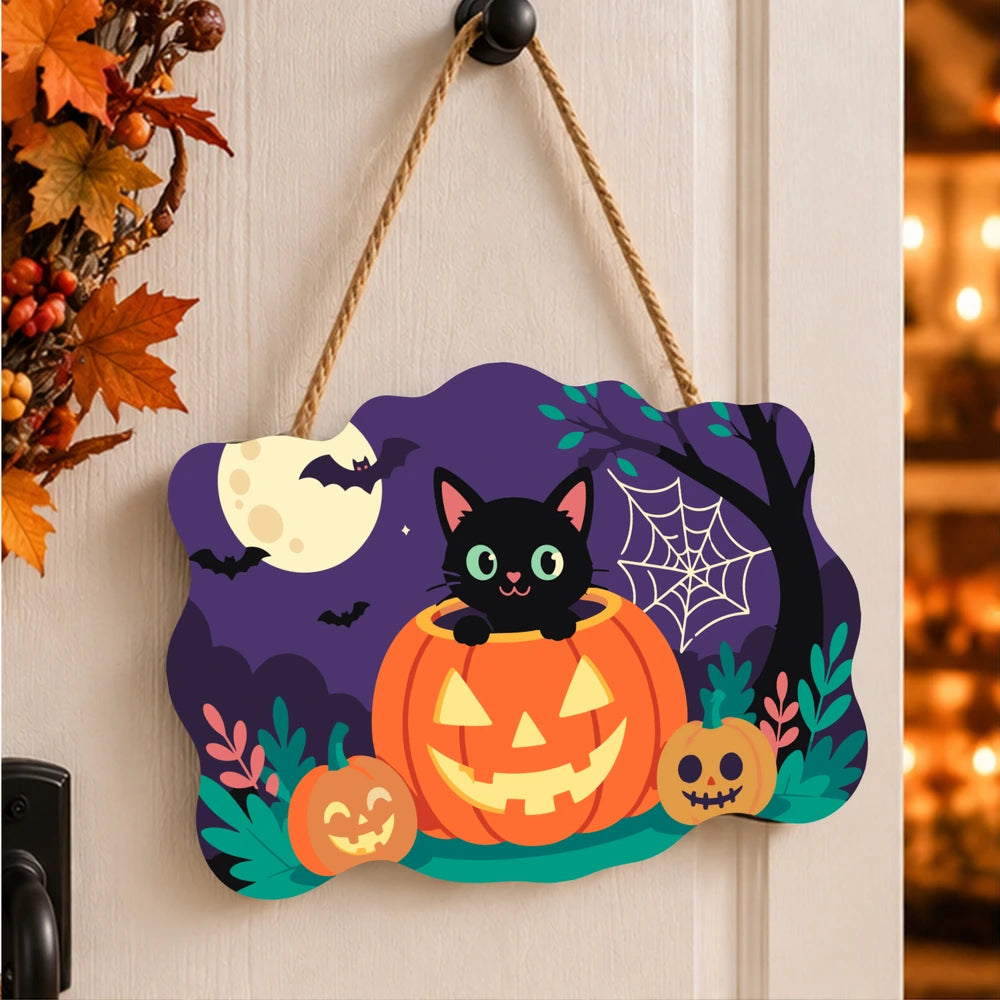 Paint by Numbers - Wooden Door Hanger | Black Cat in a Jack-o'-Lantern
