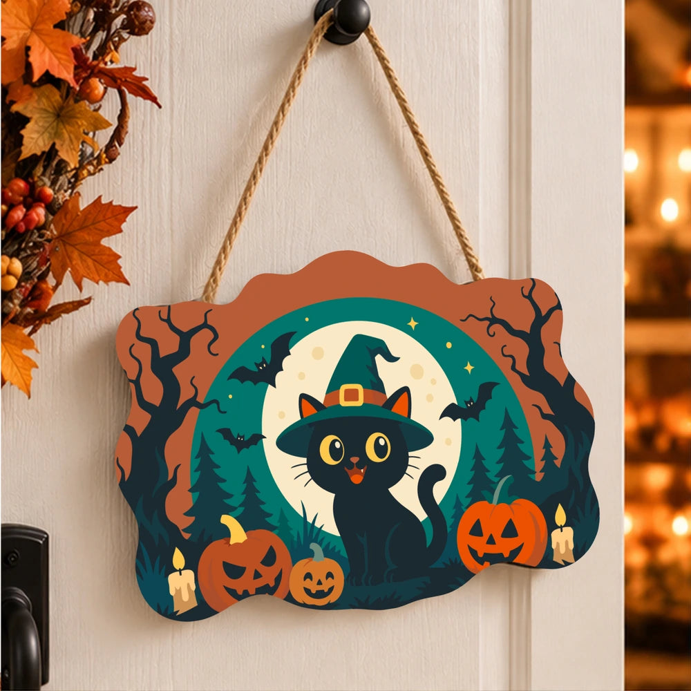 
Paint by Numbers - Wooden Door Hanger | Black Cat in a Witch Hat with Pumpkins