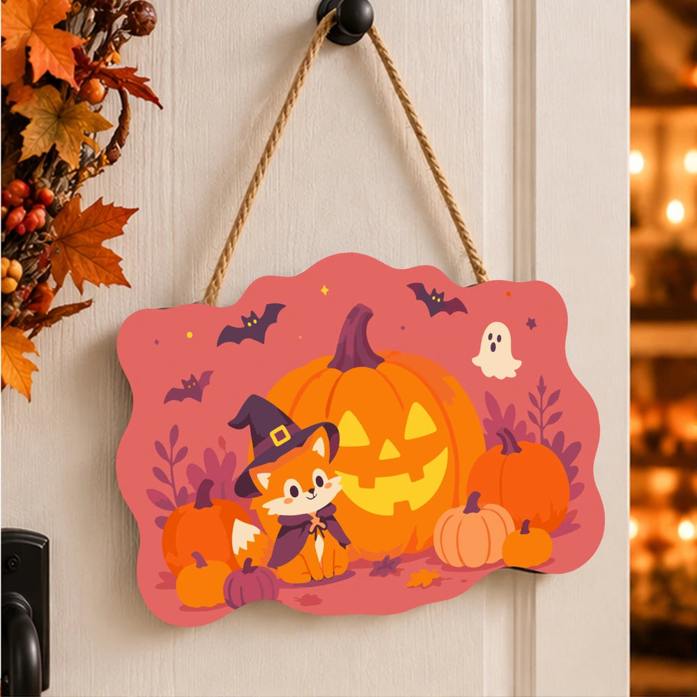 Paint by Numbers - Wooden Door Hanger | Fox in a Witch Hat with a Jack-o'-Lantern