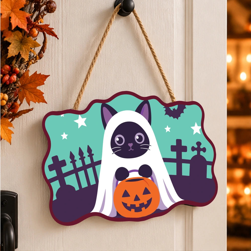 
Paint by Numbers - Wooden Door Hanger | Ghost Cat with a Pumpkin