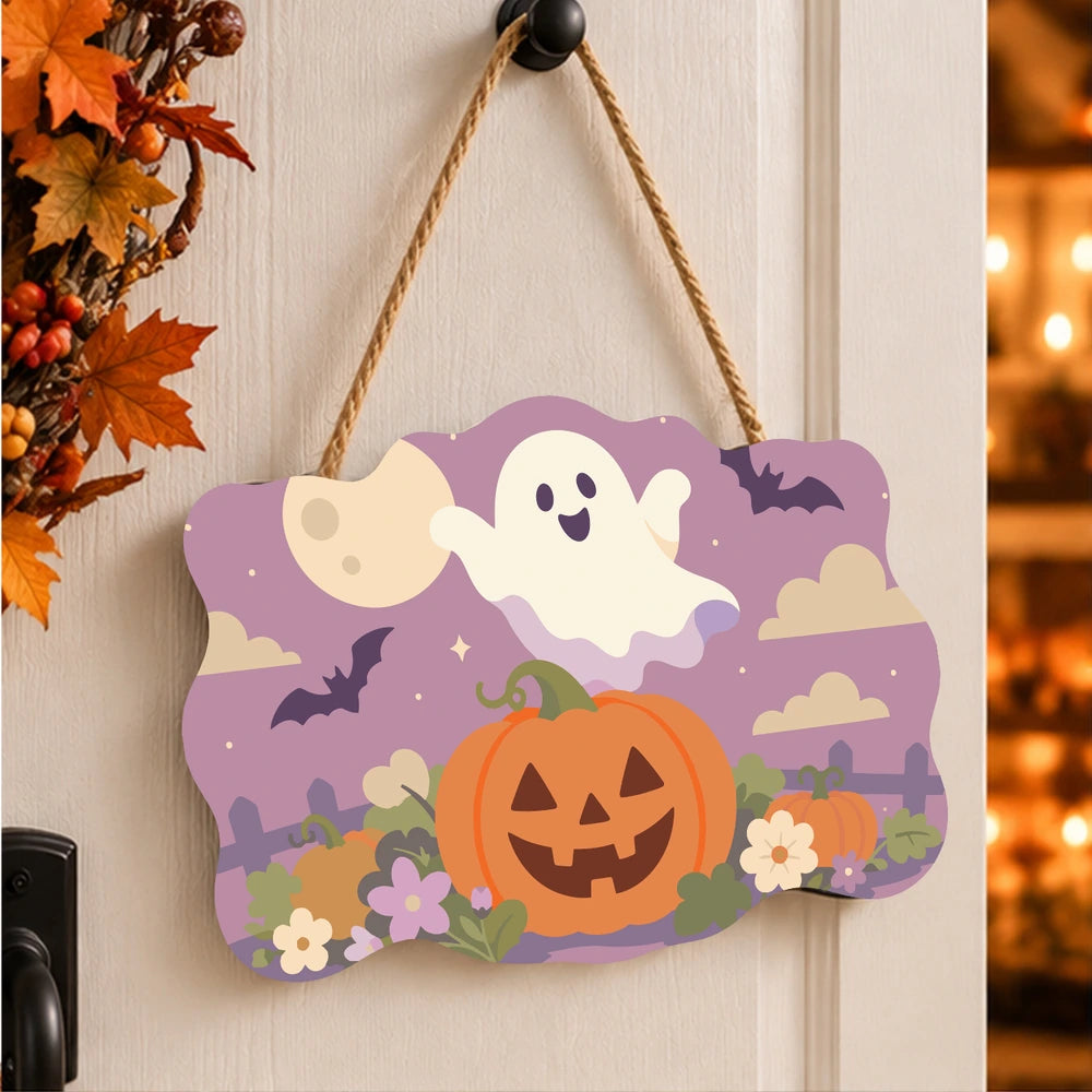 Paint by Numbers - Wooden Door Hanger | Ghost Over a Jack-o'-Lantern at Dusk