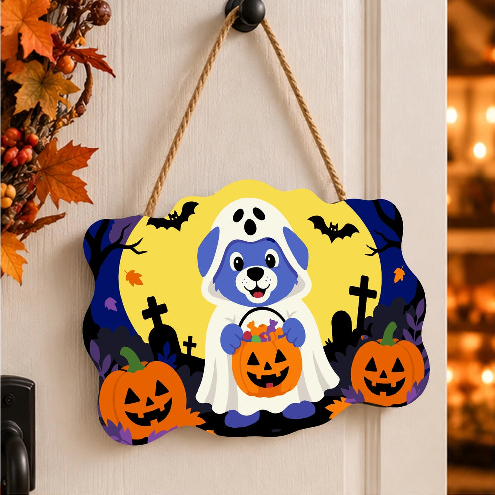 Paint by Numbers - Wooden Door Hanger | Ghost Puppy with a Candy Bucket