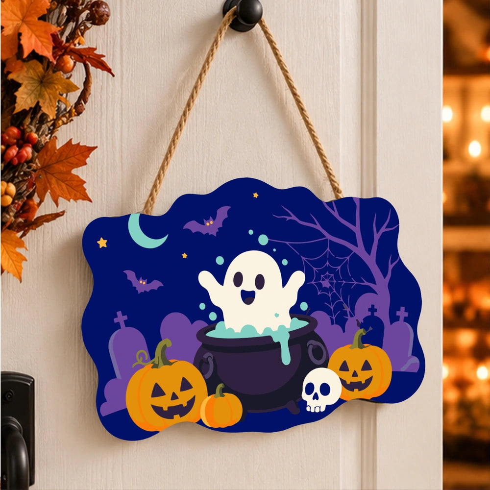 
Paint by Numbers - Wooden Door Hanger | Ghost in a Cauldron in the Graveyard