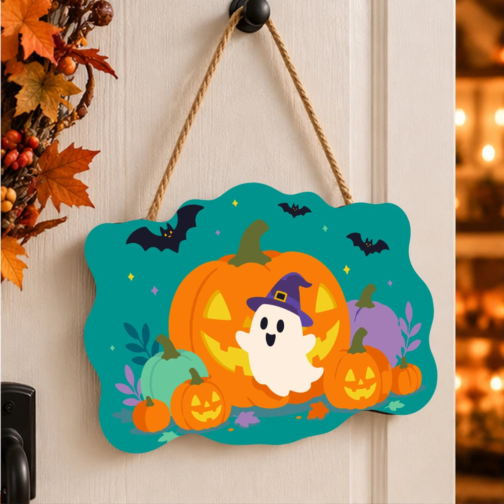 Paint by Numbers - Wooden Door Hanger | Ghost in a Witch Hat with Pumpkins