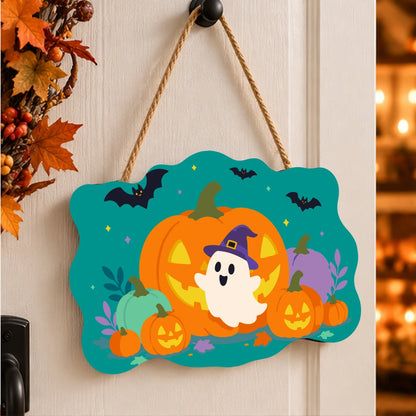 Paint by Numbers - Wooden Door Hanger | Ghost in a Witch Hat with Pumpkins