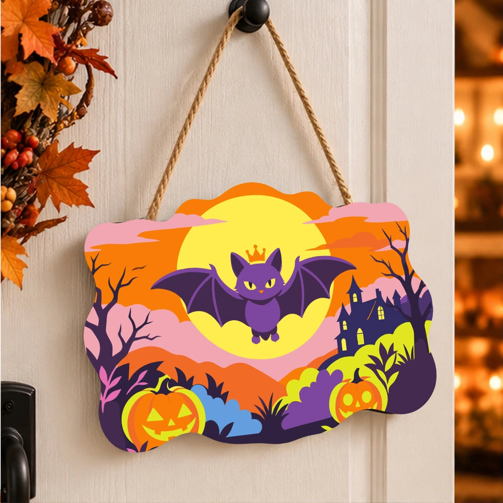 Paint by Numbers - Wooden Door Hanger | Happy Bat Over the Pumpkin Patch