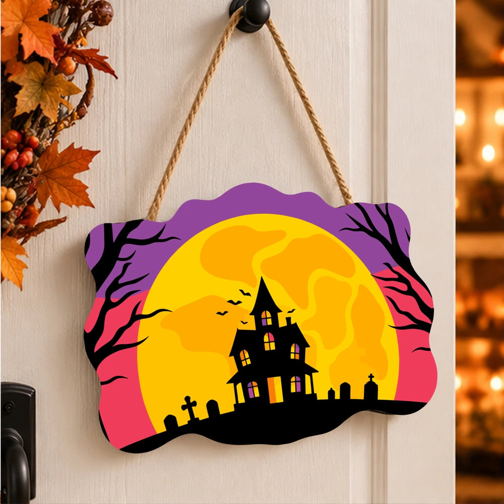 Paint by Numbers - Wooden Door Hanger | Haunted House in the Full Moon