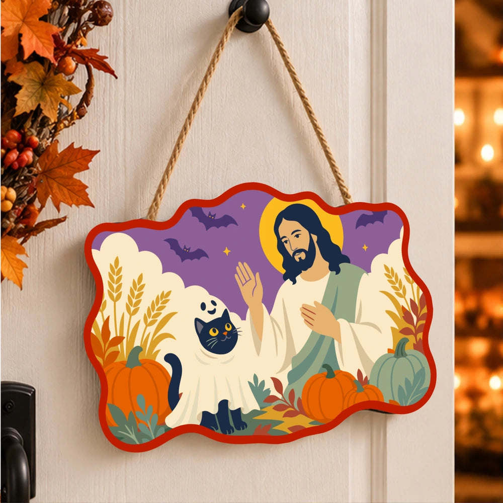 Paint by Numbers - Wooden Door Hanger | Jesus with a Ghost Cat