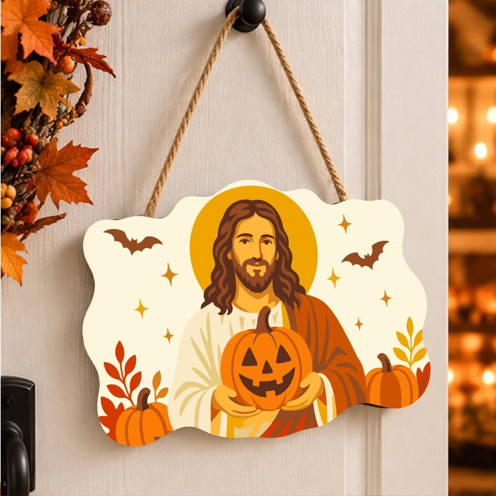 Paint by Numbers - Wooden Door Hanger | Jesus with a Jack-o'-Lantern in Autumn