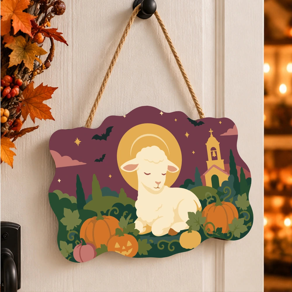 Paint by Numbers - Wooden Door Hanger | Lamb Resting in the Pumpkin Patch