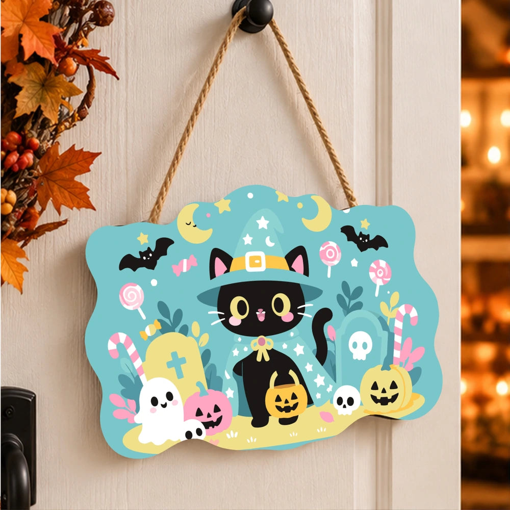 Paint by Numbers - Wooden Door Hanger | Little Black Cat with a Candy Bucket