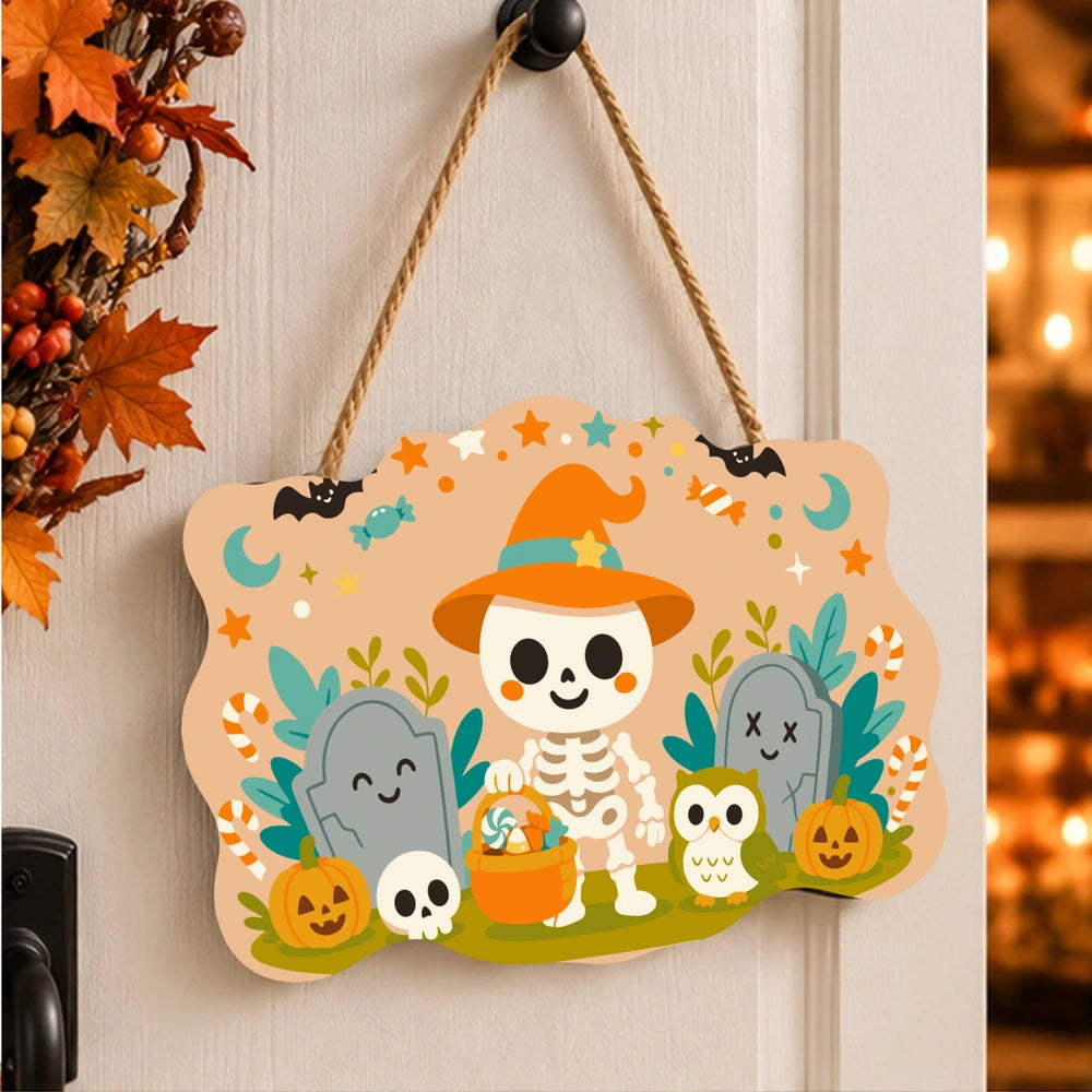 
Paint by Numbers - Wooden Door Hanger | Little Skeleton with a Candy Bucket