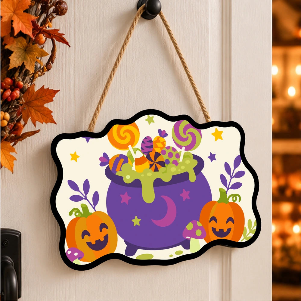 Paint by Numbers - Wooden Door Hanger | Lollipop Cauldron with Pumpkins