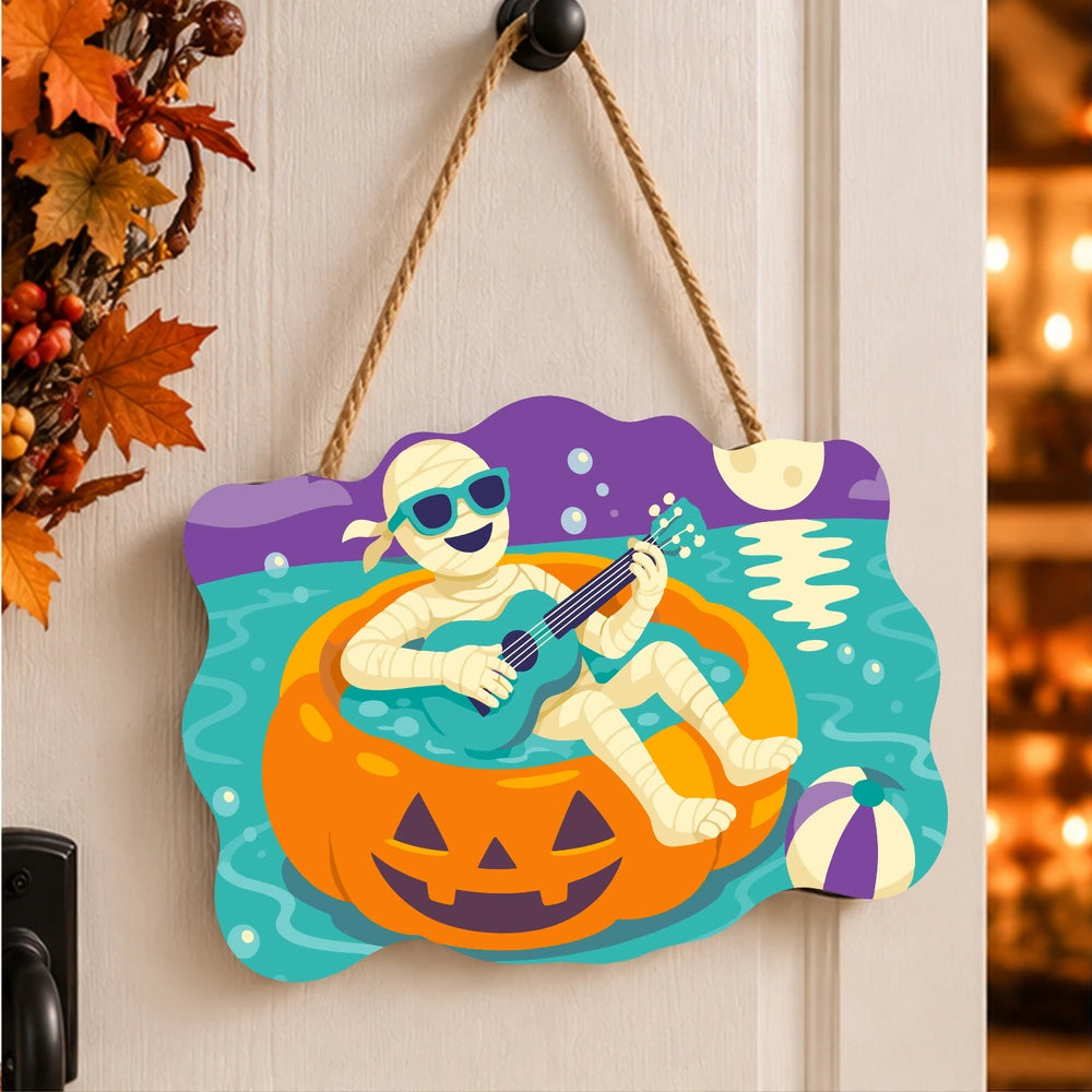 Paint by Numbers - Wooden Door Hanger | Mummy Playing Ukulele on a Pumpkin Float