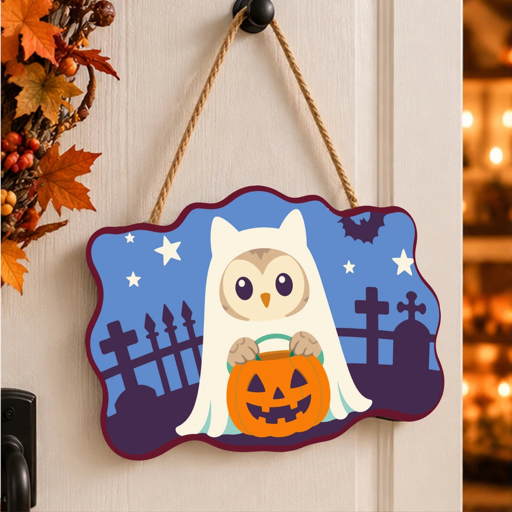 Paint by Numbers - Wooden Door Hanger | Owl Ghost with a Pumpkin