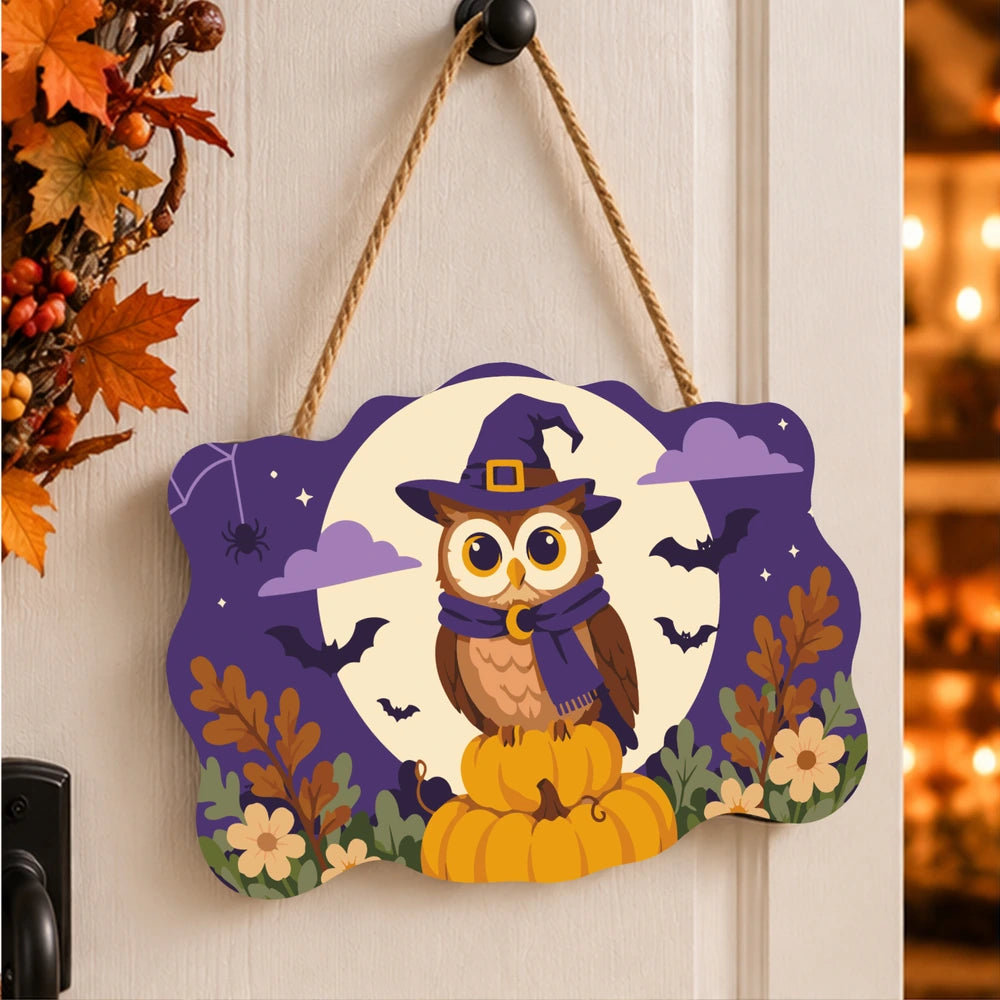 
Paint by Numbers - Wooden Door Hanger | Owl in a Witch Hat in the Moon