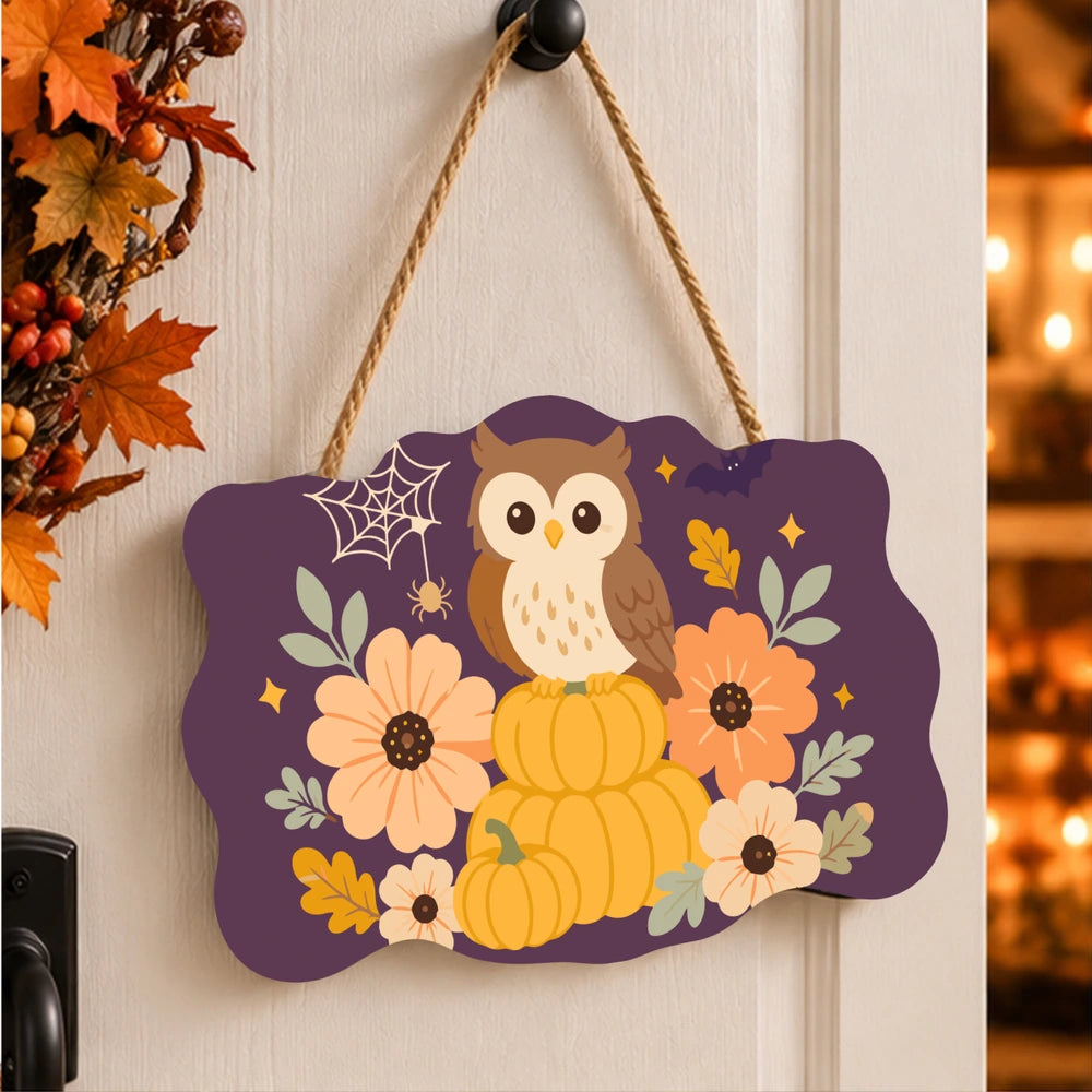 Paint by Numbers - Wooden Door Hanger | Owl on Pumpkins with Flowers