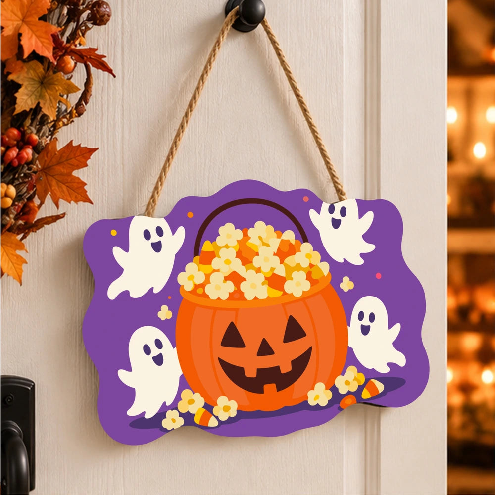 
Paint by Numbers - Wooden Door Hanger | Popcorn Pumpkin Bucket with Ghosts