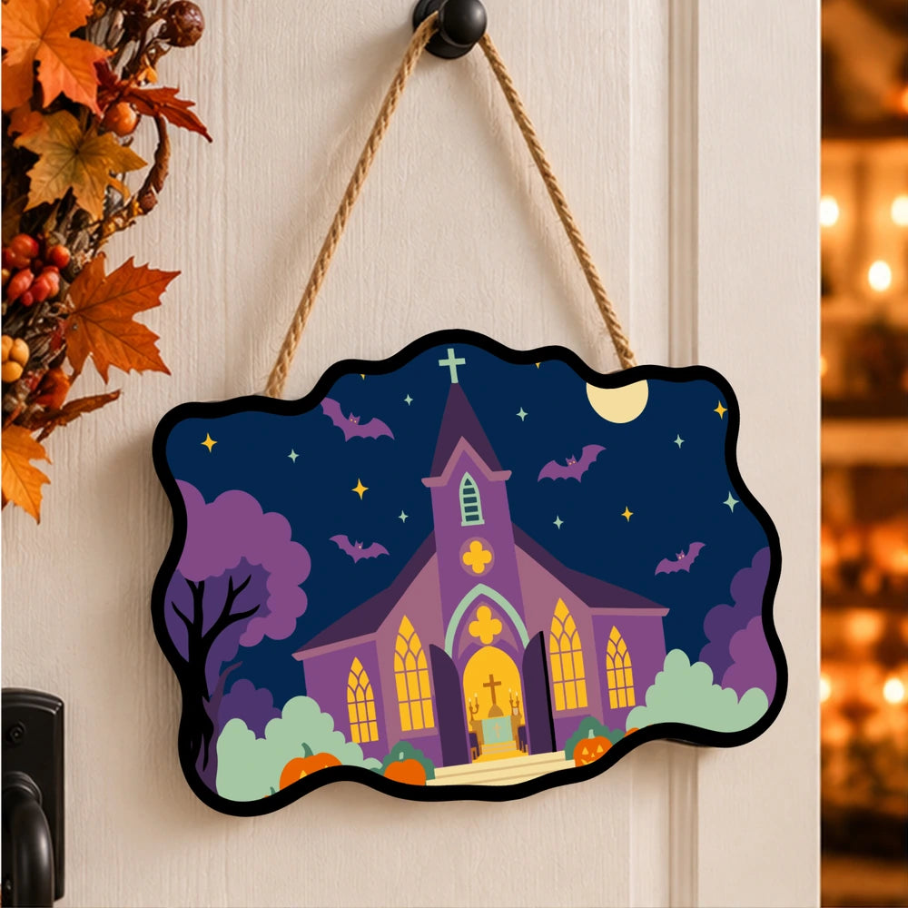 
Paint by Numbers - Wooden Door Hanger | Purple Church on Halloween Night