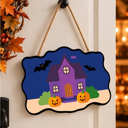 Paint by Numbers - Wooden Door Hanger | Purple Haunted House with Pumpkins
