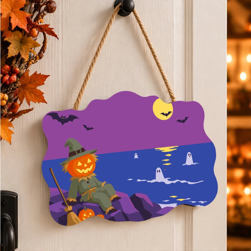 
Paint by Numbers - Wooden Door Hanger | Scarecrow by the Sea at Night