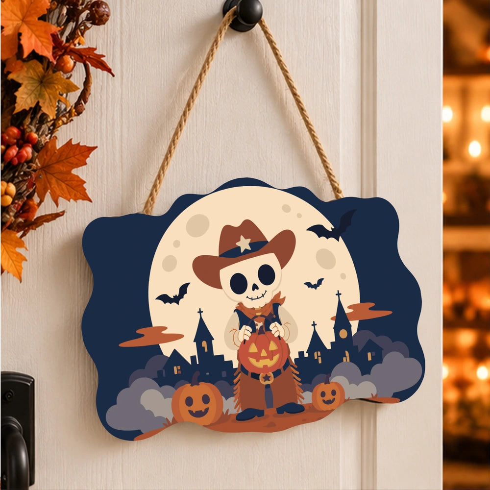 Paint by Numbers - Wooden Door Hanger | Skeleton Cowboy with a Pumpkin