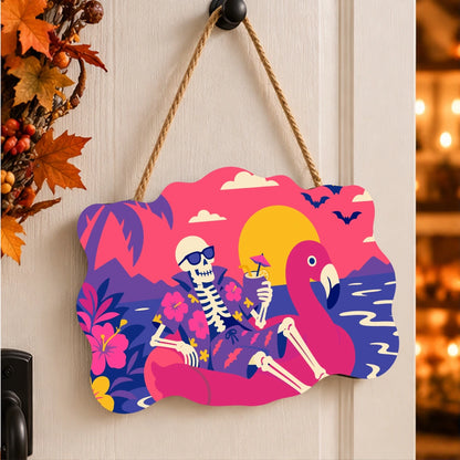 Paint by Numbers - Wooden Door Hanger | Skeleton on a Flamingo Float