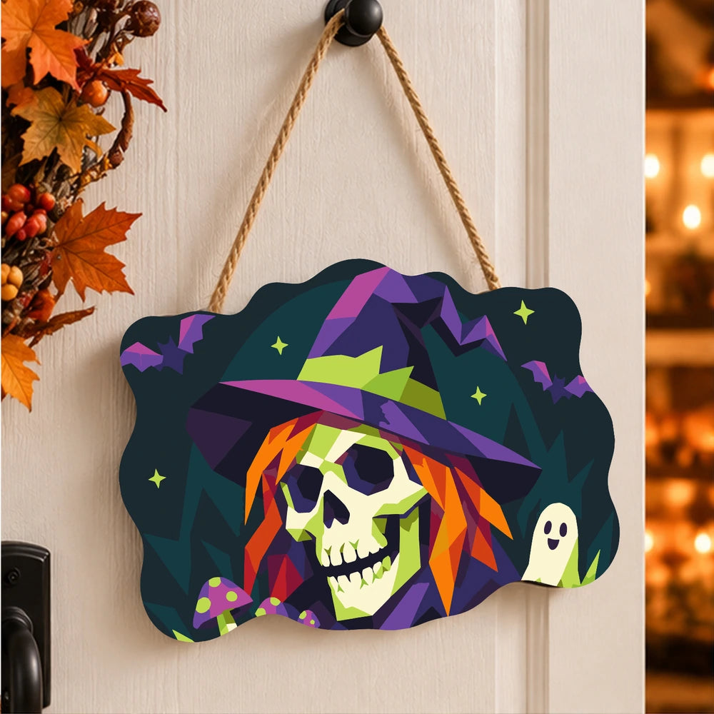 Paint by Numbers - Wooden Door Hanger | Skull Witch in Geometric Style