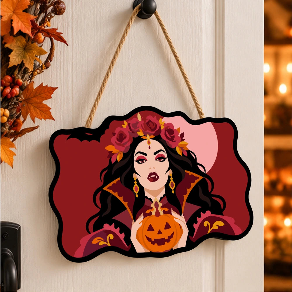 Paint by Numbers - Wooden Door Hanger | Vampire Queen with a Jack-o'-Lantern
