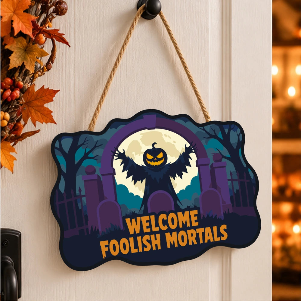Paint by Numbers - Wooden Door Hanger | Welcome Foolish Mortals Pumpkin Bat