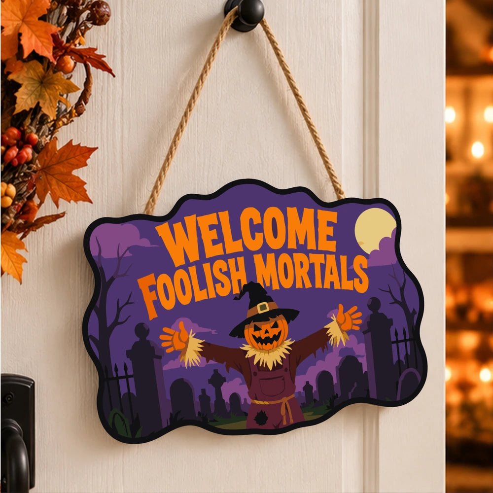 Paint by Numbers - Wooden Door Hanger | Welcome Foolish Mortals Pumpkin Scarecrow