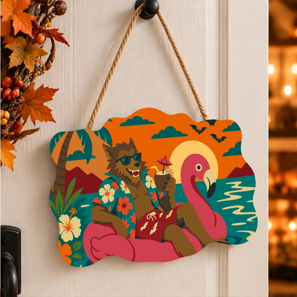 Paint by Numbers - Wooden Door Hanger | Werewolf on a Flamingo Float
