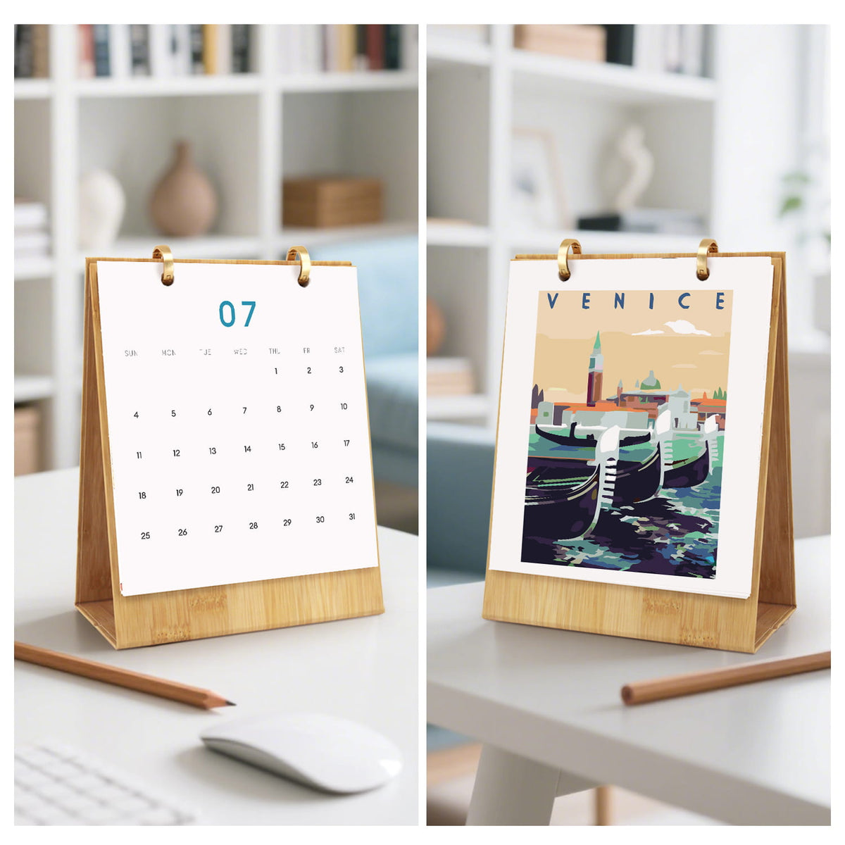 
Two wooden calendar stands with different designs on a white surface.