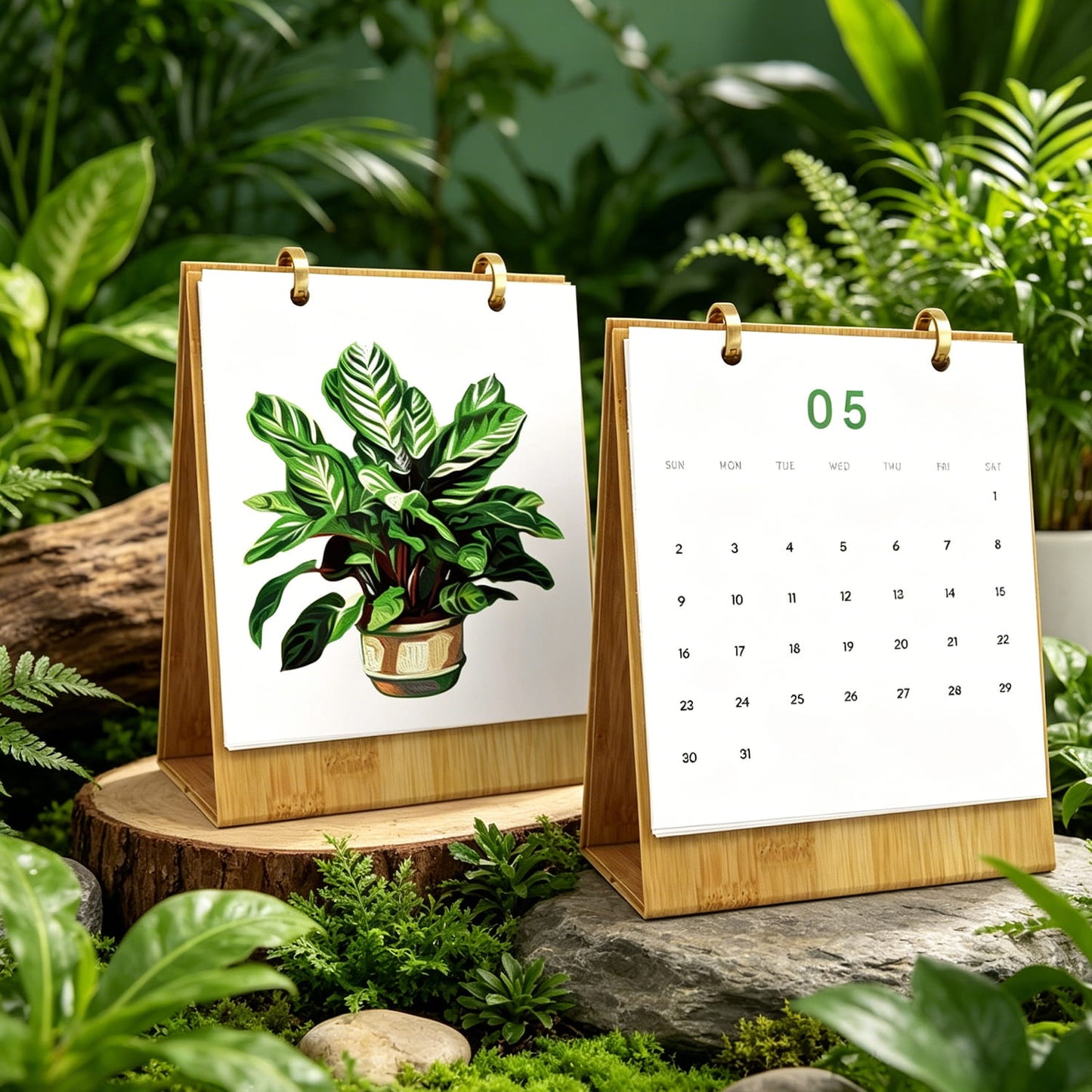 Two bamboo desktop calendar stands on a stone surface surrounded by lush green plants. One calendar shows a painted green plant in a pot, and the other shows the 5th of the month in a grid format.