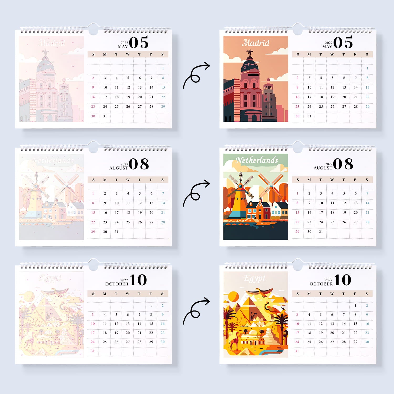 Six spiral-bound monthly calendar pages arranged in a 3x2 grid on a light gray background. Each page shows a different travel-themed illustration with a date grid: Amsterdam, Netherlands, Rotterdam, Egypt, and other scenic city and landscape prints.