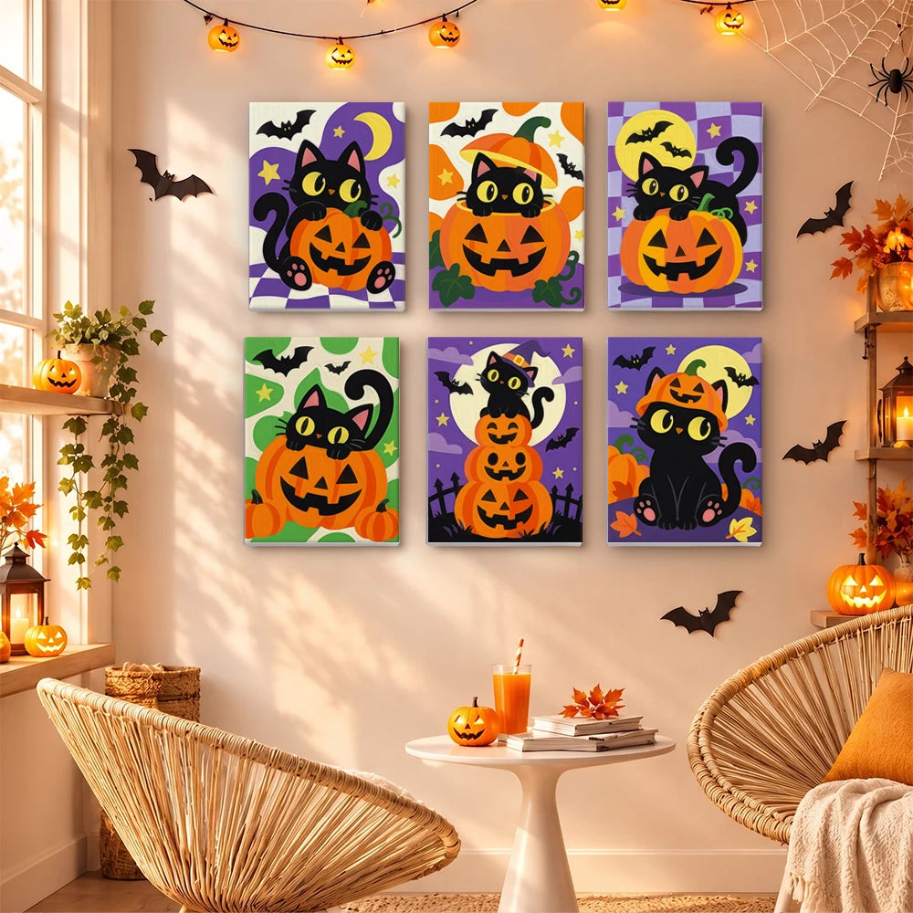 Paint by Numbers – 6 Mini Paintings | Black Cats on Jack-o'-Lanterns Set
