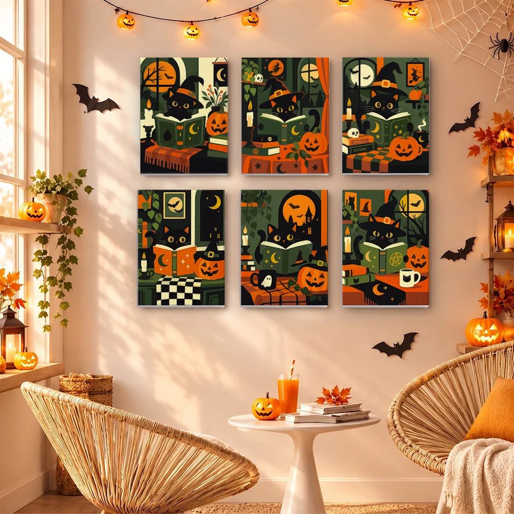 Paint by Numbers – 6 Mini Paintings | Black Cats with Spell Books Set