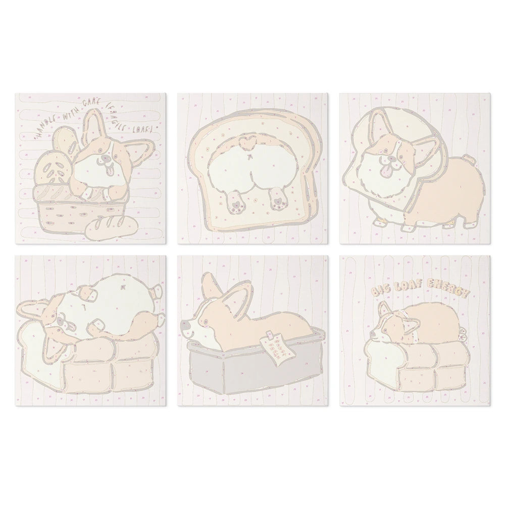 Paint by Numbers – 6 Mini Paintings | Corgi Bread Bakery (Square)