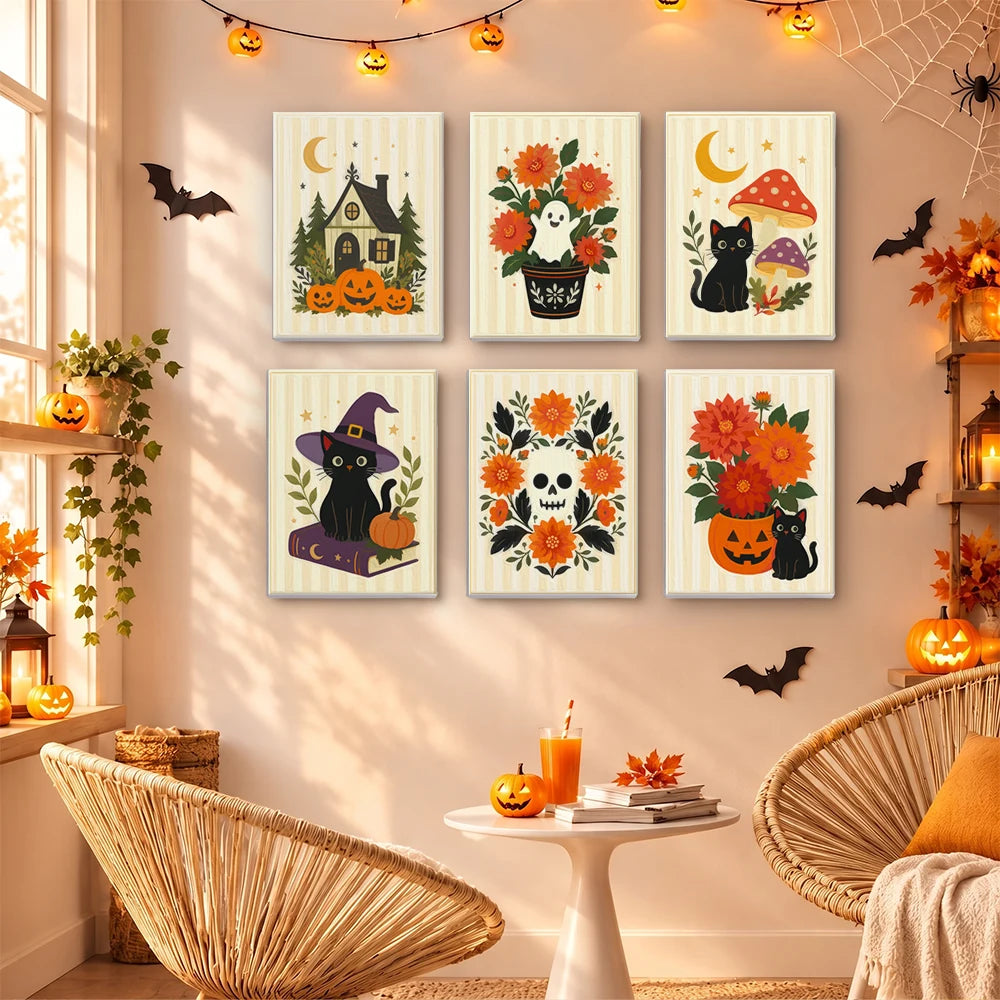 
Paint by Numbers – 6 Mini Paintings | Floral Halloween Cats and Pumpkins Set