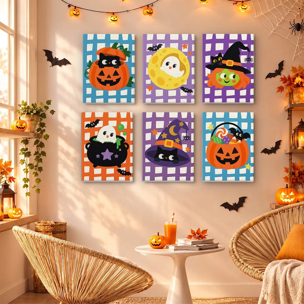 Paint by Numbers – 6 Mini Paintings | Gingham Halloween Characters Set