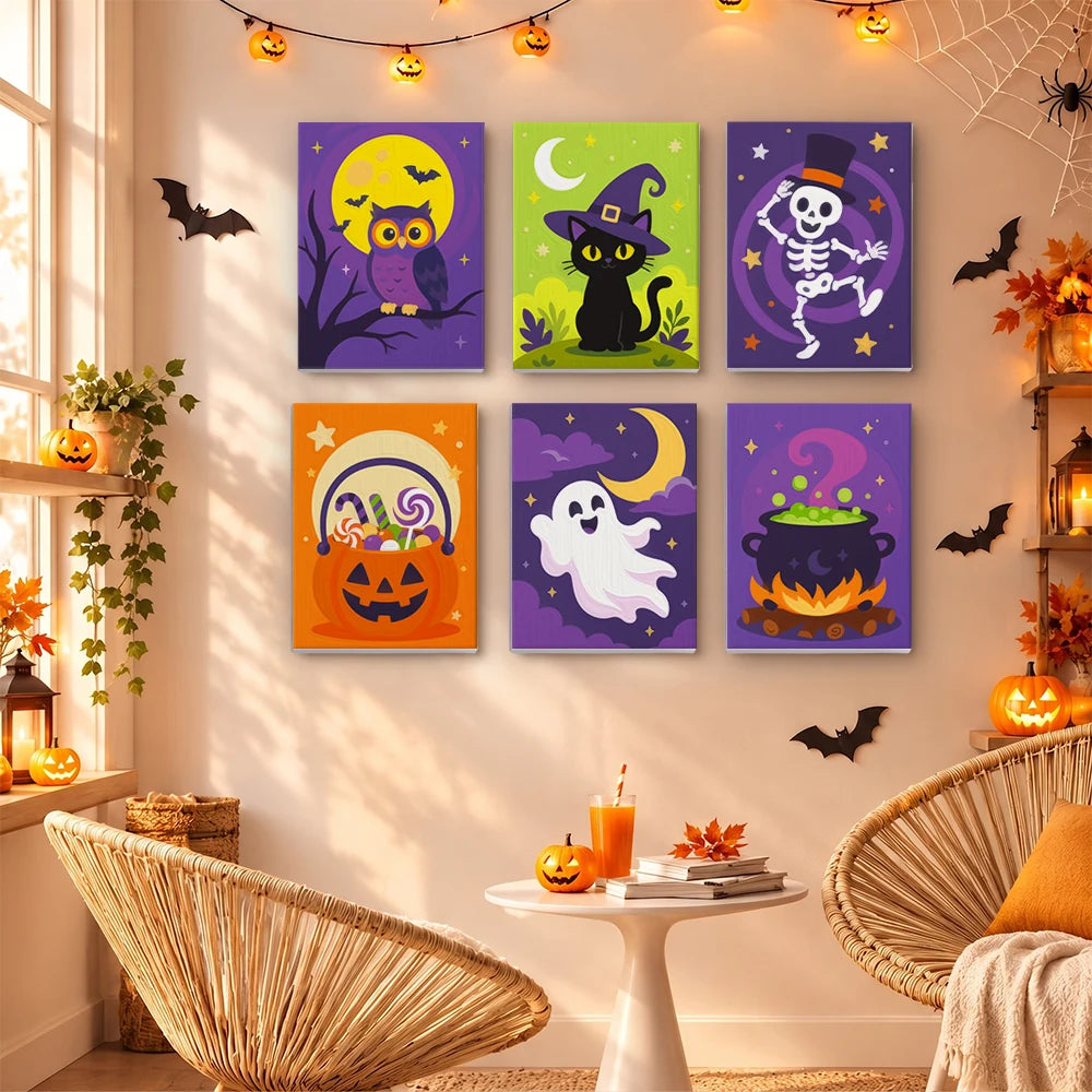 Paint by Numbers – 6 Mini Paintings | Owl, Cat and Dancing Skeleton Set