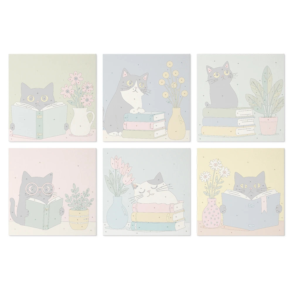 
Paint by Numbers – 6 Mini Paintings | Reading Cats with Books (Square)