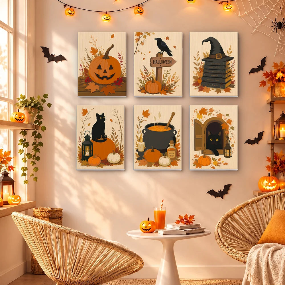 Paint by Numbers – 6 Mini Paintings | Rustic Autumn Halloween Set