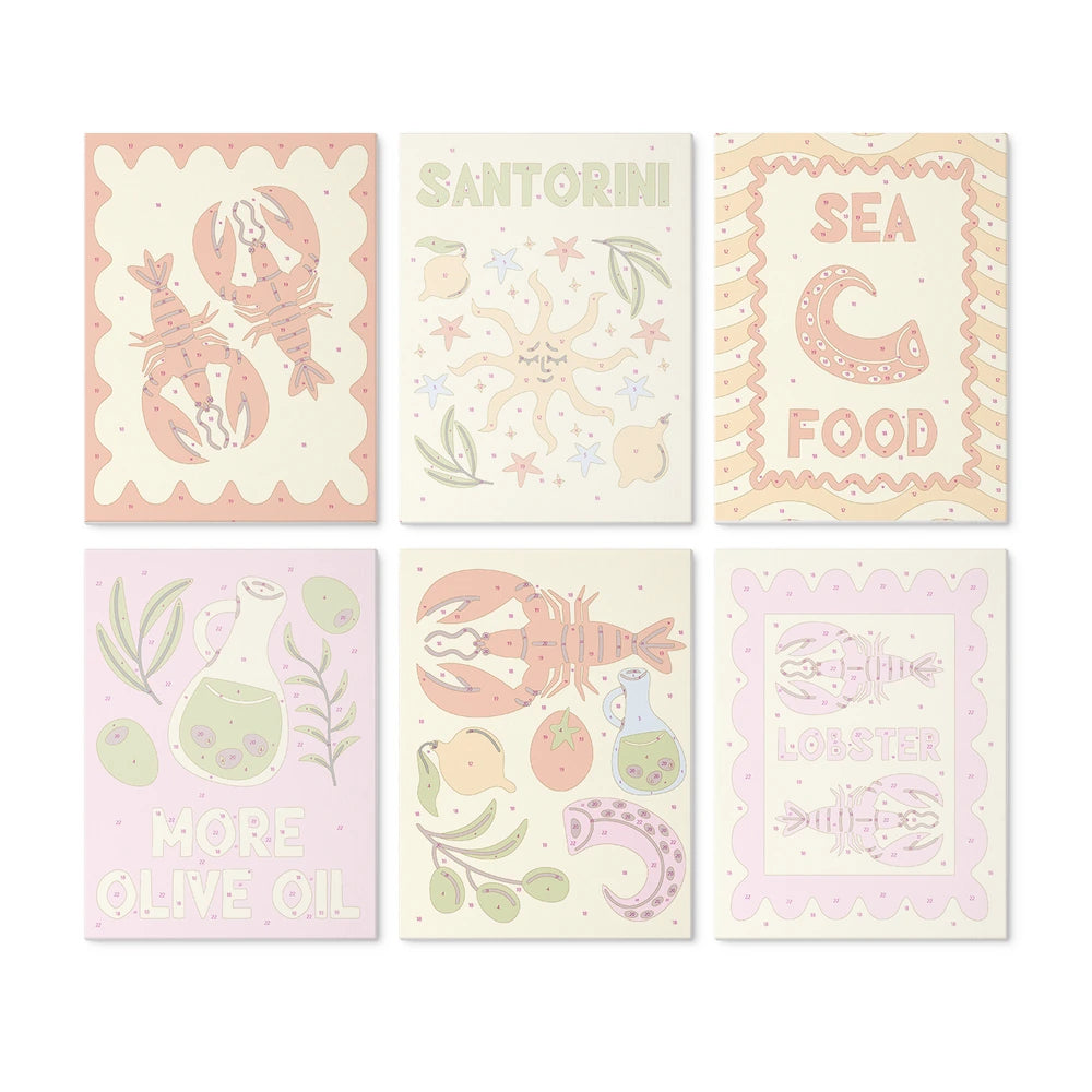 Paint by Numbers – 6 Mini Paintings | Seafood and Santorini Stamps