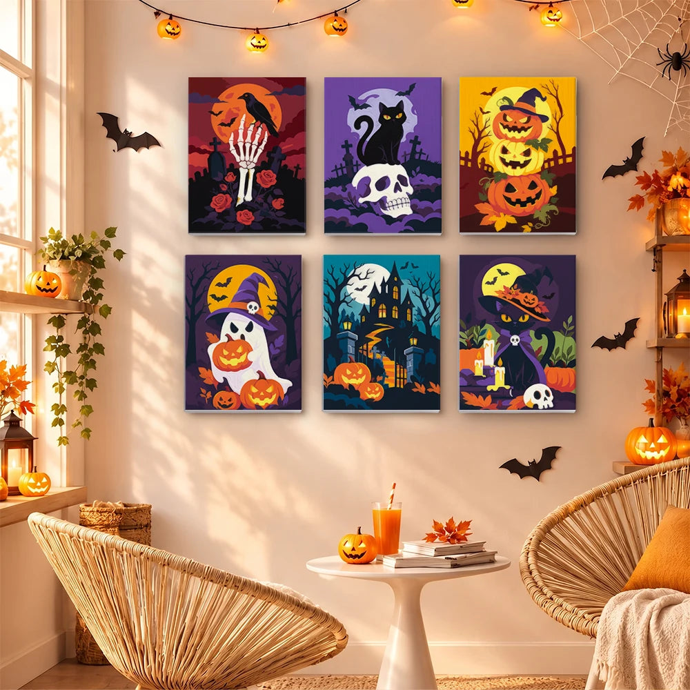
Paint by Numbers – 6 Mini Paintings | Skulls and Pumpkins by Moonlight Set