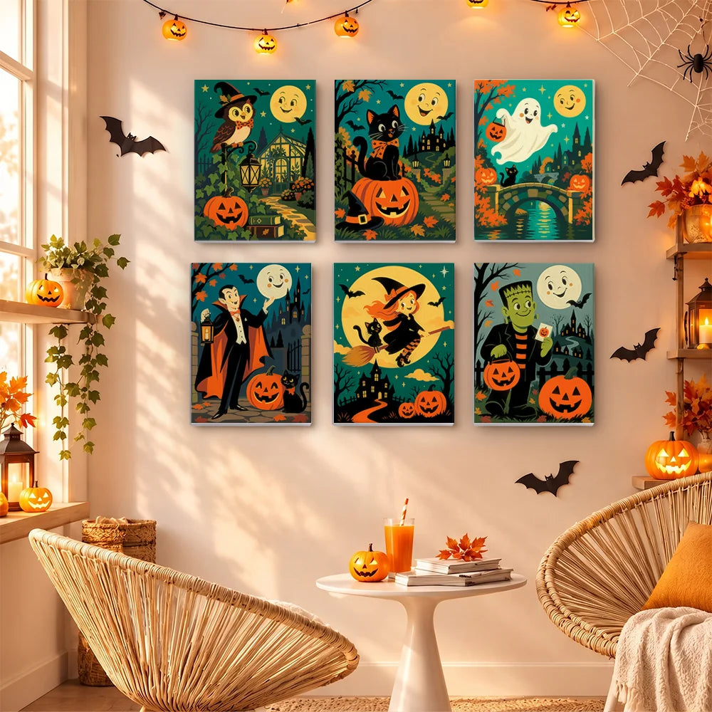 Paint by Numbers – 6 Mini Paintings | Vintage Moon Face Monster Night Set